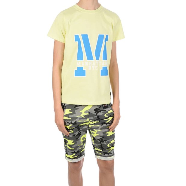 Jungen Sommer Set T-Shirt Manhatan und Stoff Shorts Gelb / Grün Camouflage 104/110