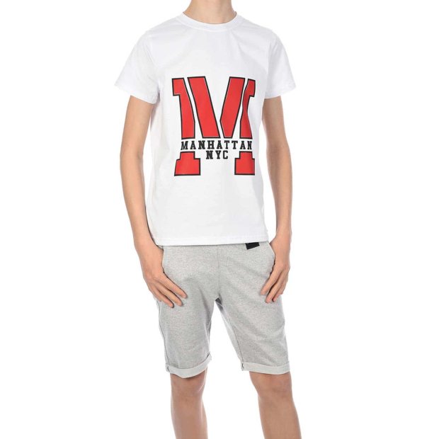 Jungen Sommer Set T-Shirt Manhatan und Stoff Shorts Weiß / Grau 116/122