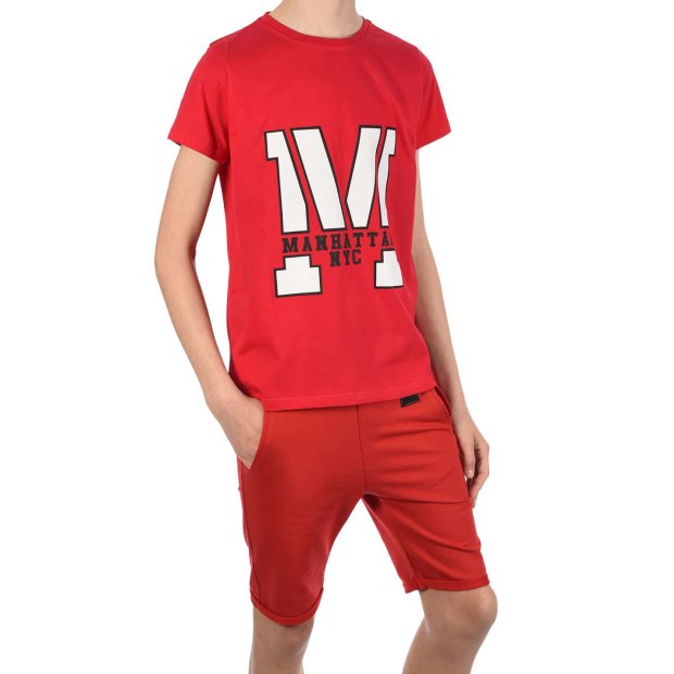 Jungen Sommer Set T-Shirt Manhatan und Stoff Shorts Rot / Rot 152/158