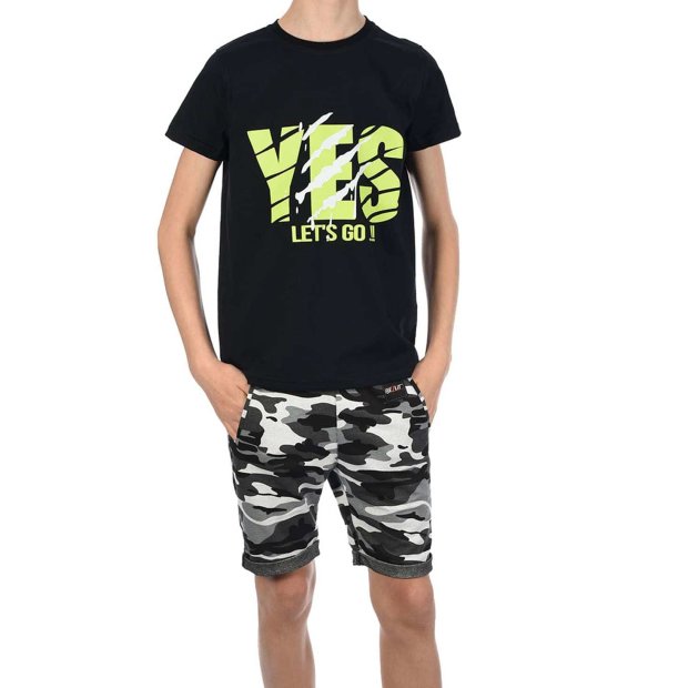 Jungen Sommer Set T-Shirt YES und Stoff Shorts Schwarz / Camouflage 140/146