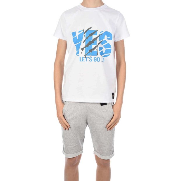 Jungen Sommer Set T-Shirt YES und Stoff Shorts Weiß / Grau 116/122