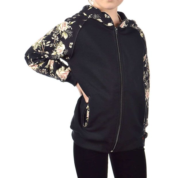 Mädchen Pullover mit Kapuze Blumenmuster Schwarz 110