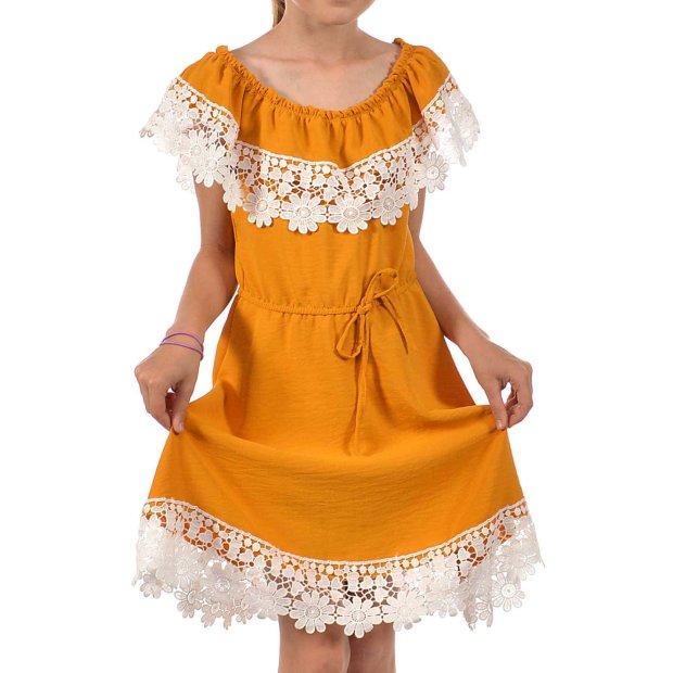 Mädchen Kleid Schulterfrei mit Spitze Gold 152