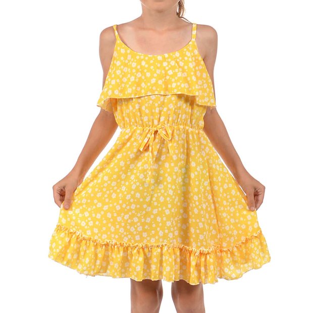 Mädchen Kleid Spaghettiträger und Volant Gelb 104