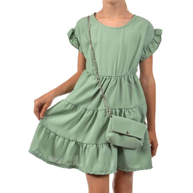 Mädchen Kleid schwingender Rock und Tasche Grün 146