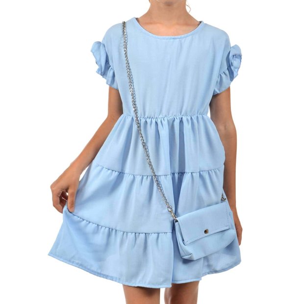 Mädchen Kleid schwingender Rock und Tasche Hellblau 104