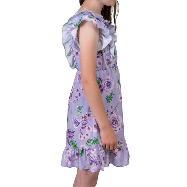 Mädchen Volant Kleid schwingender Rock Rosenmotiv Lila 104
