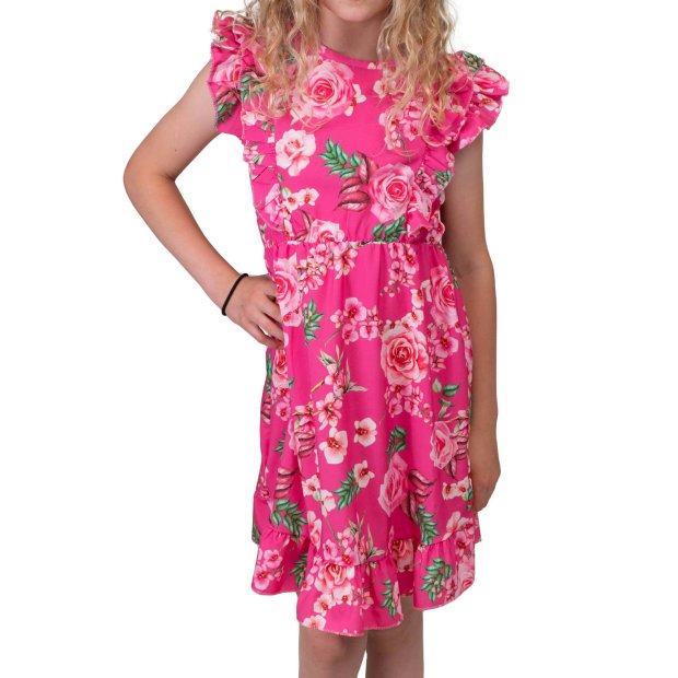 Mädchen Volant Kleid schwingender Rock Rosenmotiv Pink 128