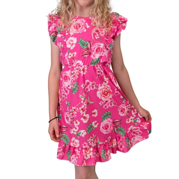 Mädchen Volant Kleid schwingender Rock Rosenmotiv Pink 128