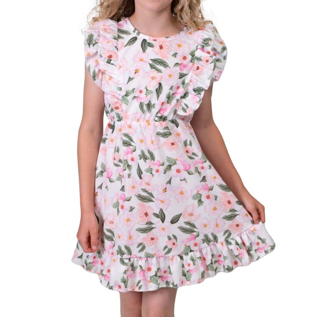 Mädchen Kleid mit Volants Blumenmotiv Weiß 152